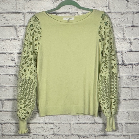 Soft Light Green Knit Sweater with Lace Sleeves - Picture 1 of 8
